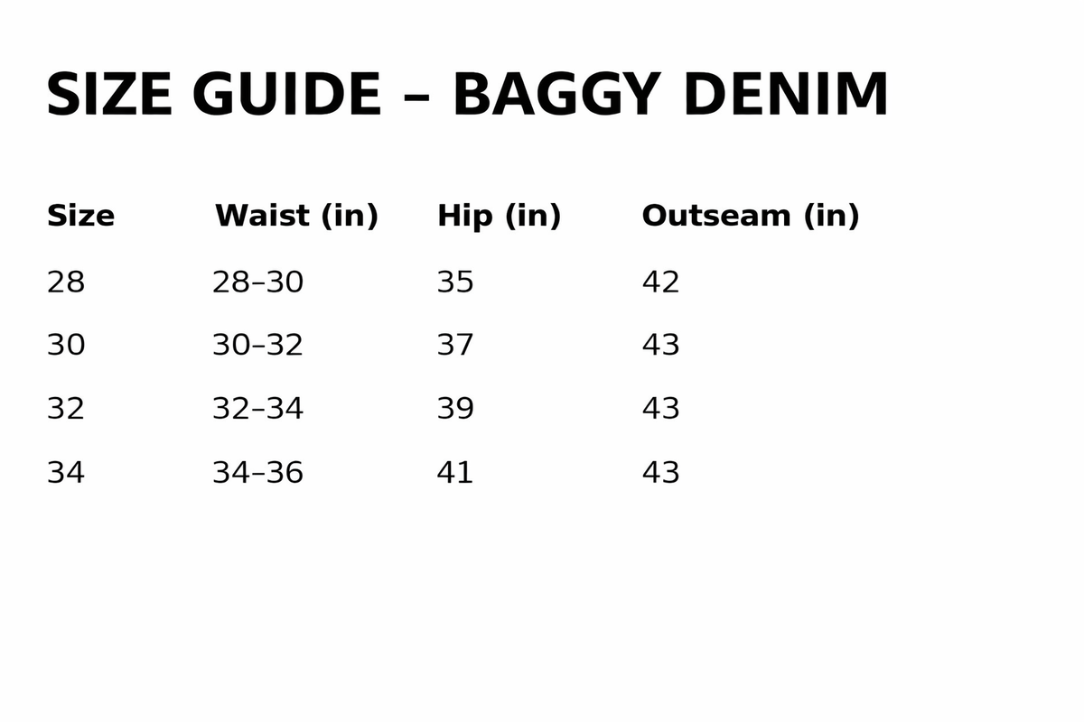 Size chart for 14OZ ECRU BAGGY JEAN
