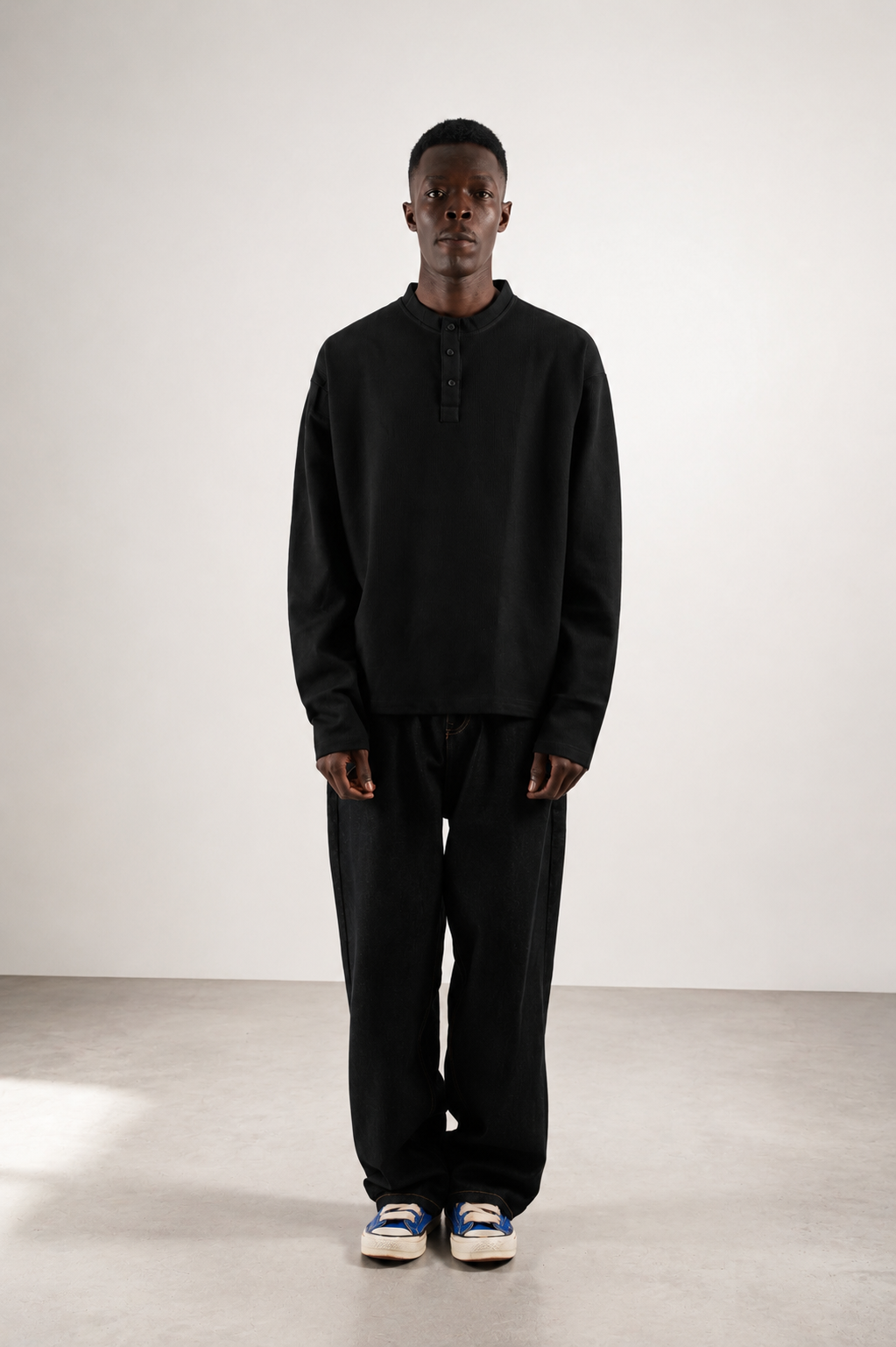 HENLEY WAFFLE LONG SLEEVE T-SHIRT - BLACK
