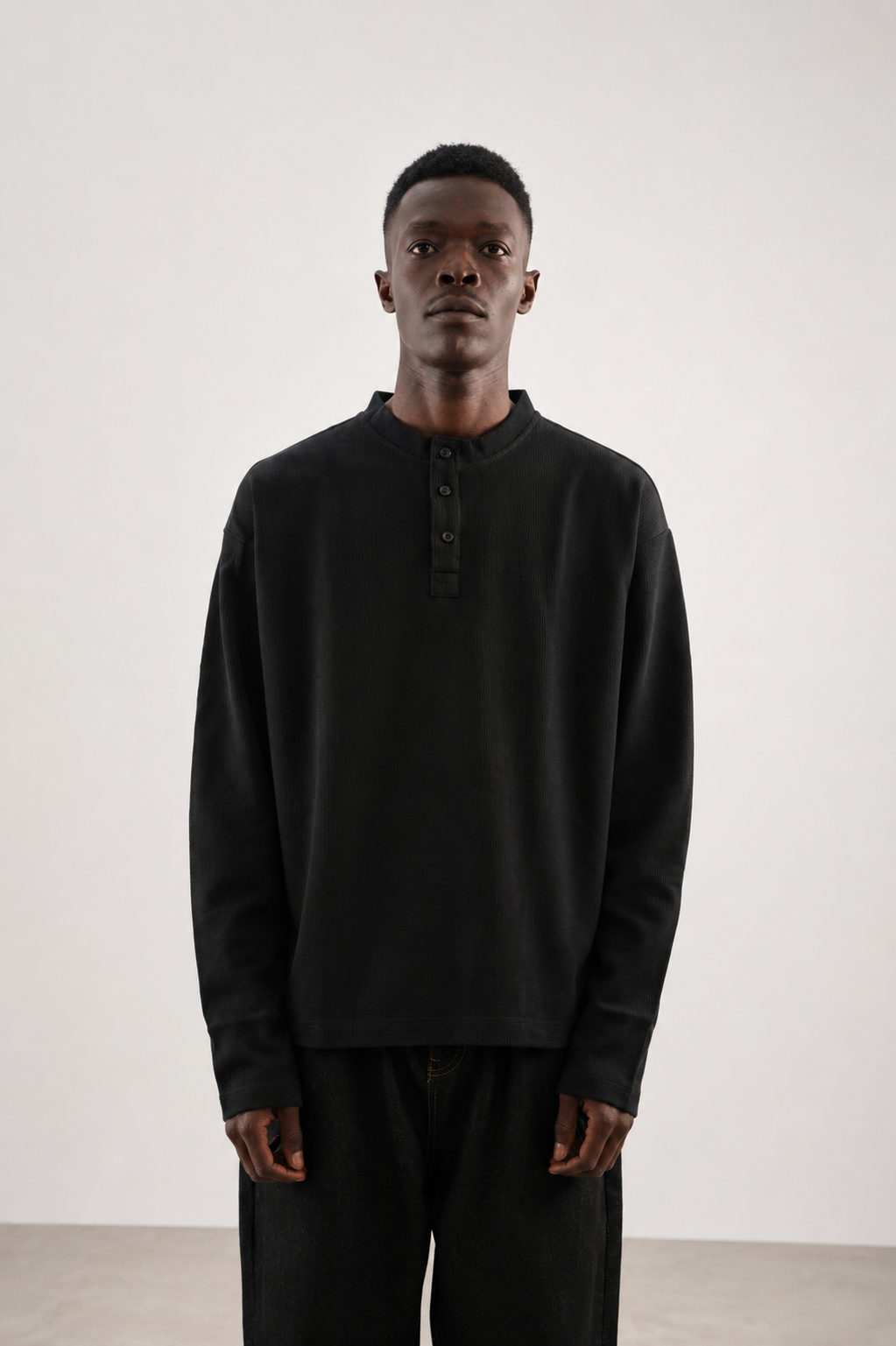 HENLEY WAFFLE LONG SLEEVE T-SHIRT - BLACK