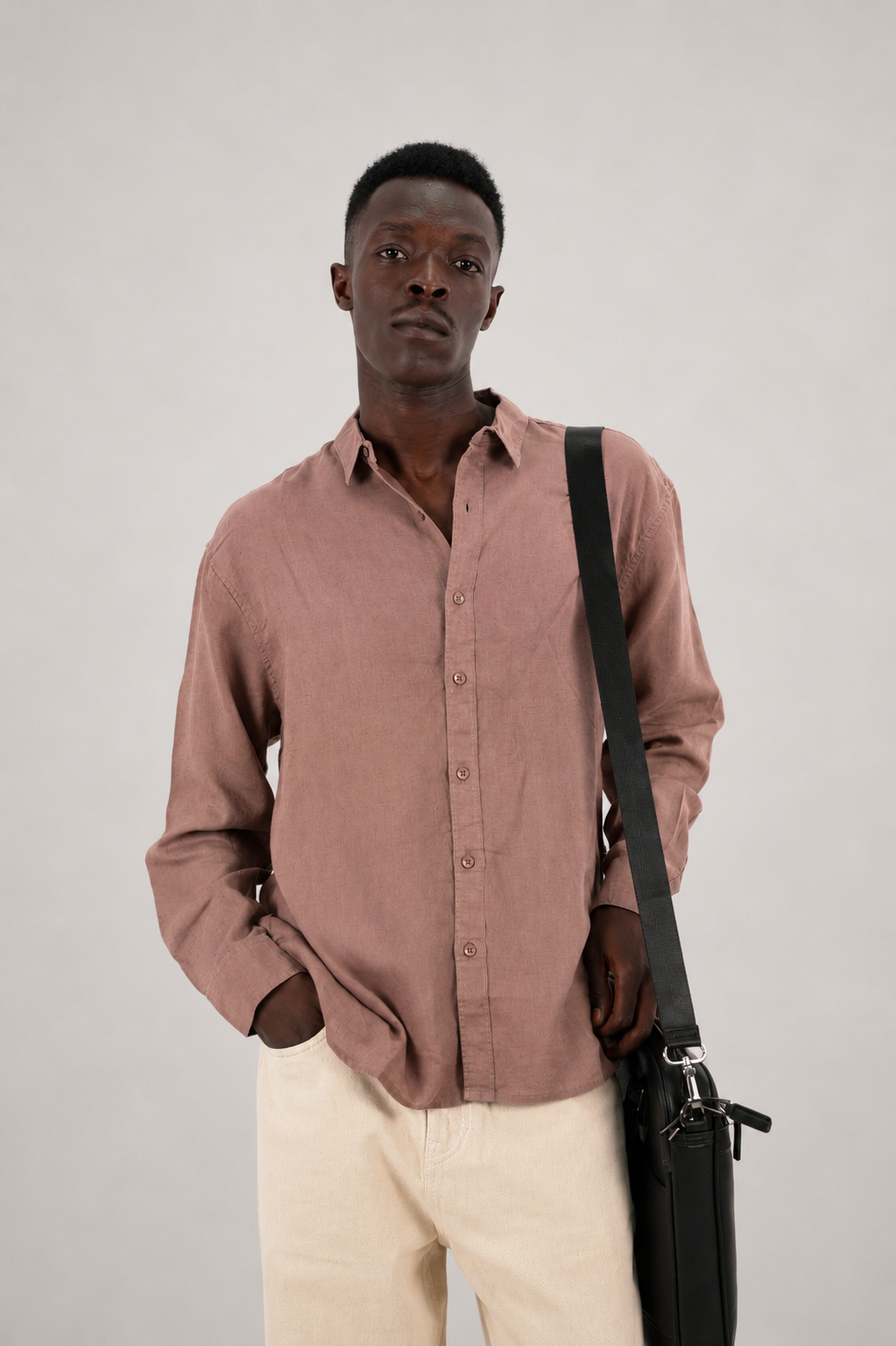 RELAXED FIT LINEN BLEND SHIRT - BROWN