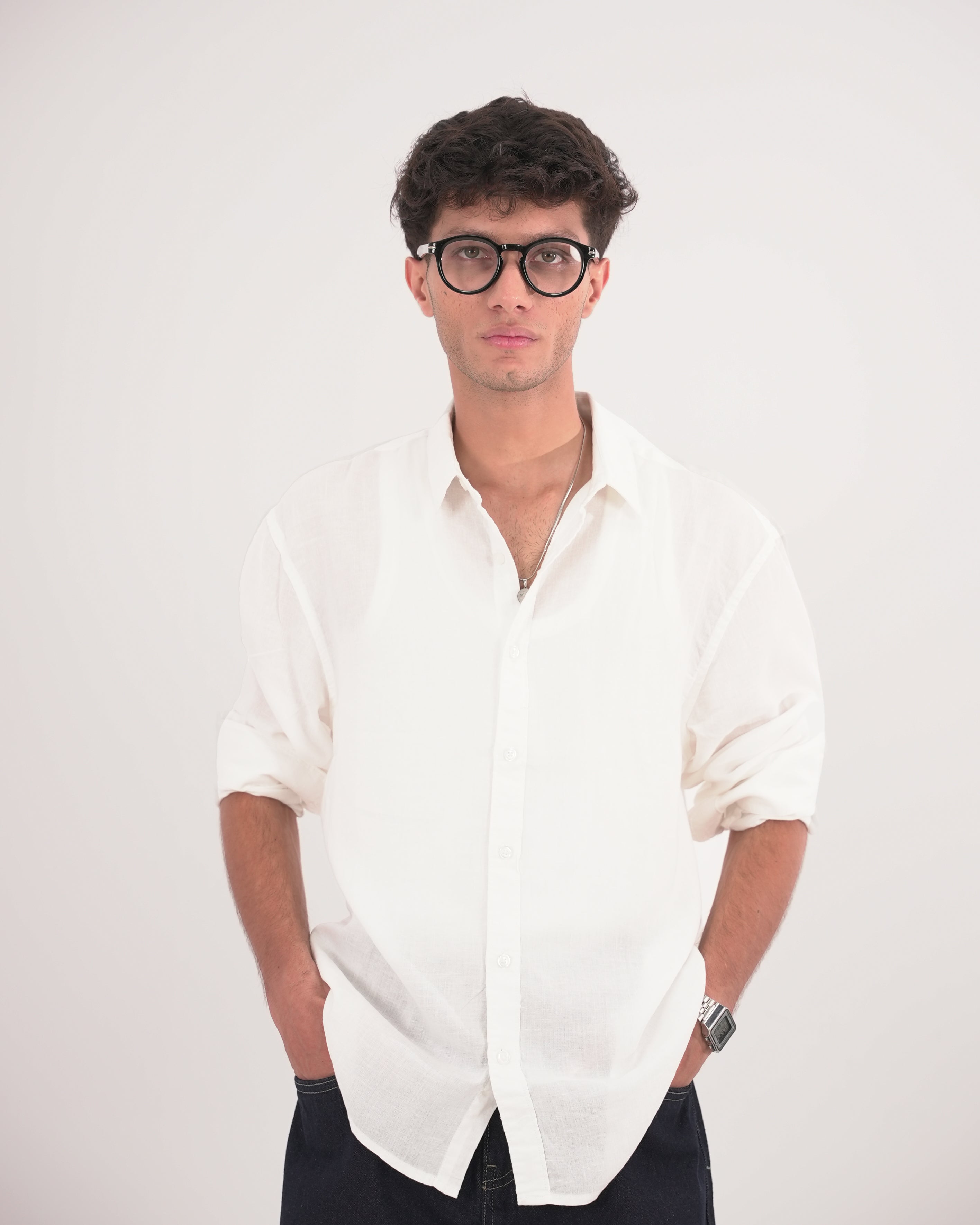 RELAXED FIT LINEN BLEND SHIRT - WHITE