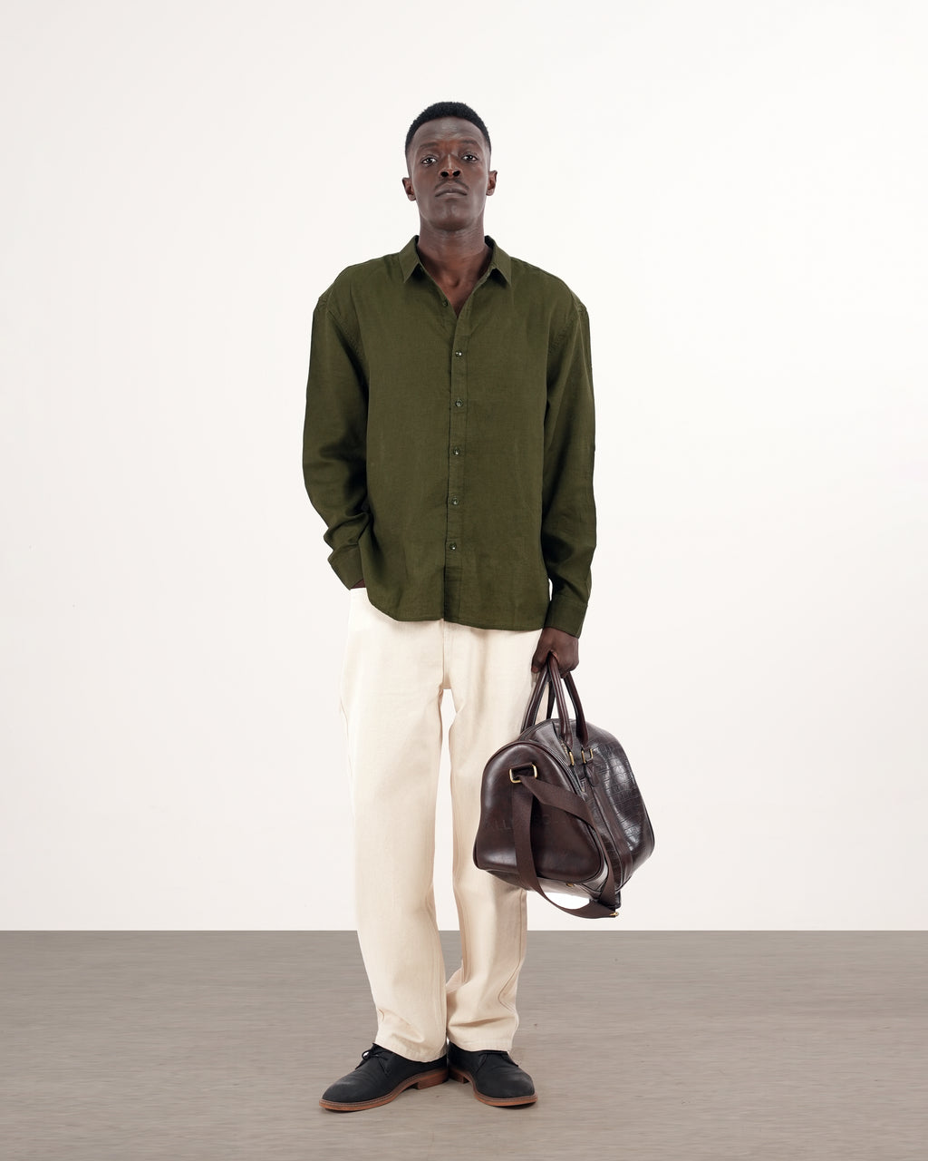 RELAXED FIT LINEN BLEND SHIRT - OLIVE GREEN