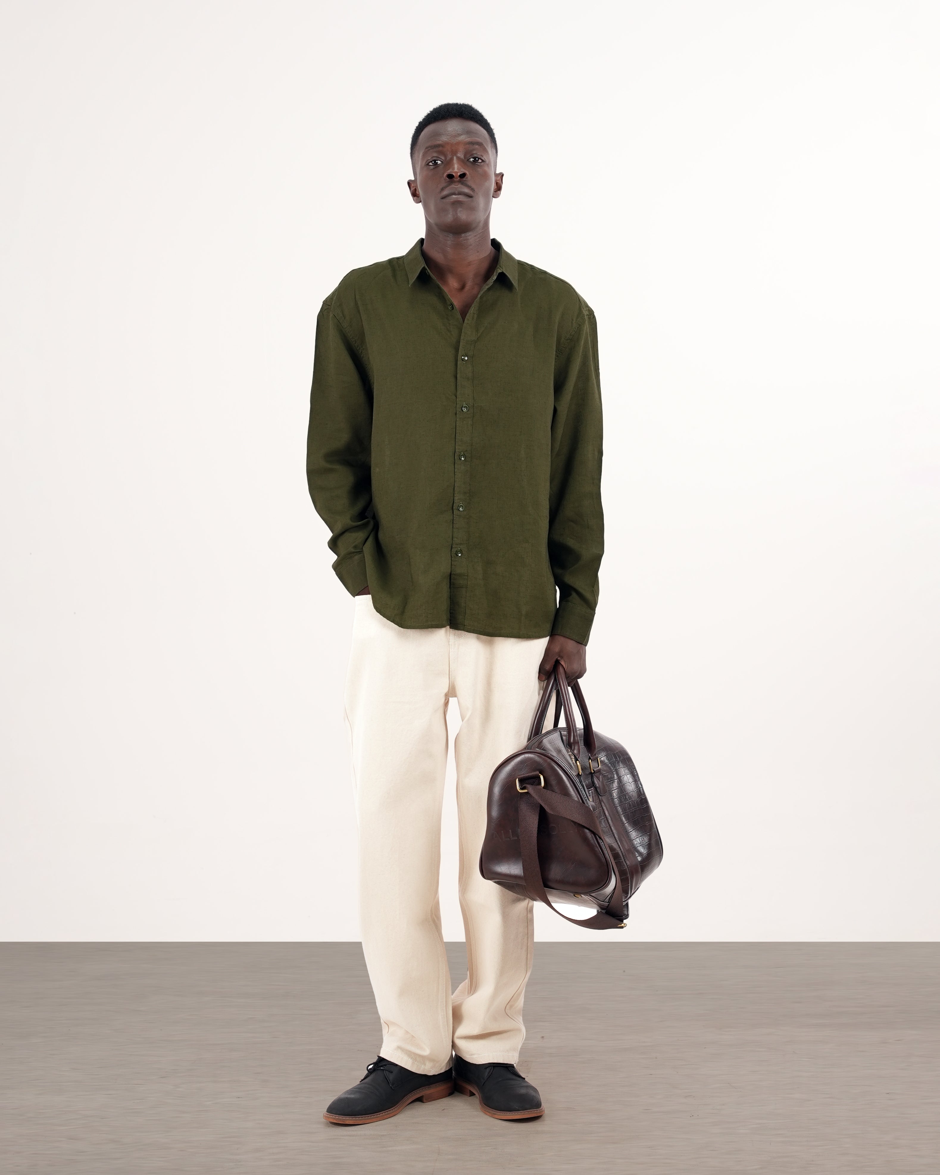 RELAXED FIT LINEN BLEND SHIRT - OLIVE GREEN