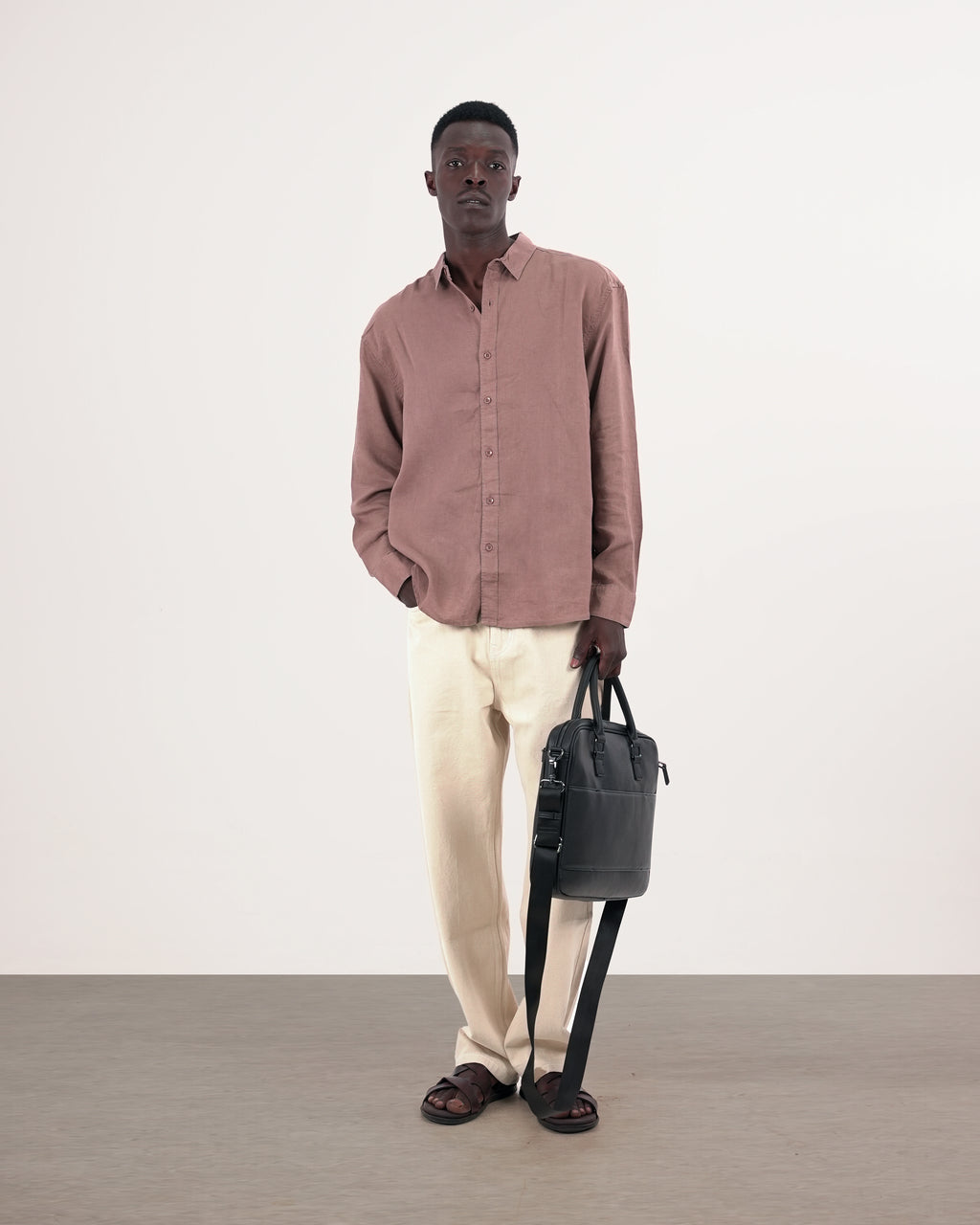 RELAXED FIT LINEN BLEND SHIRT - BROWN