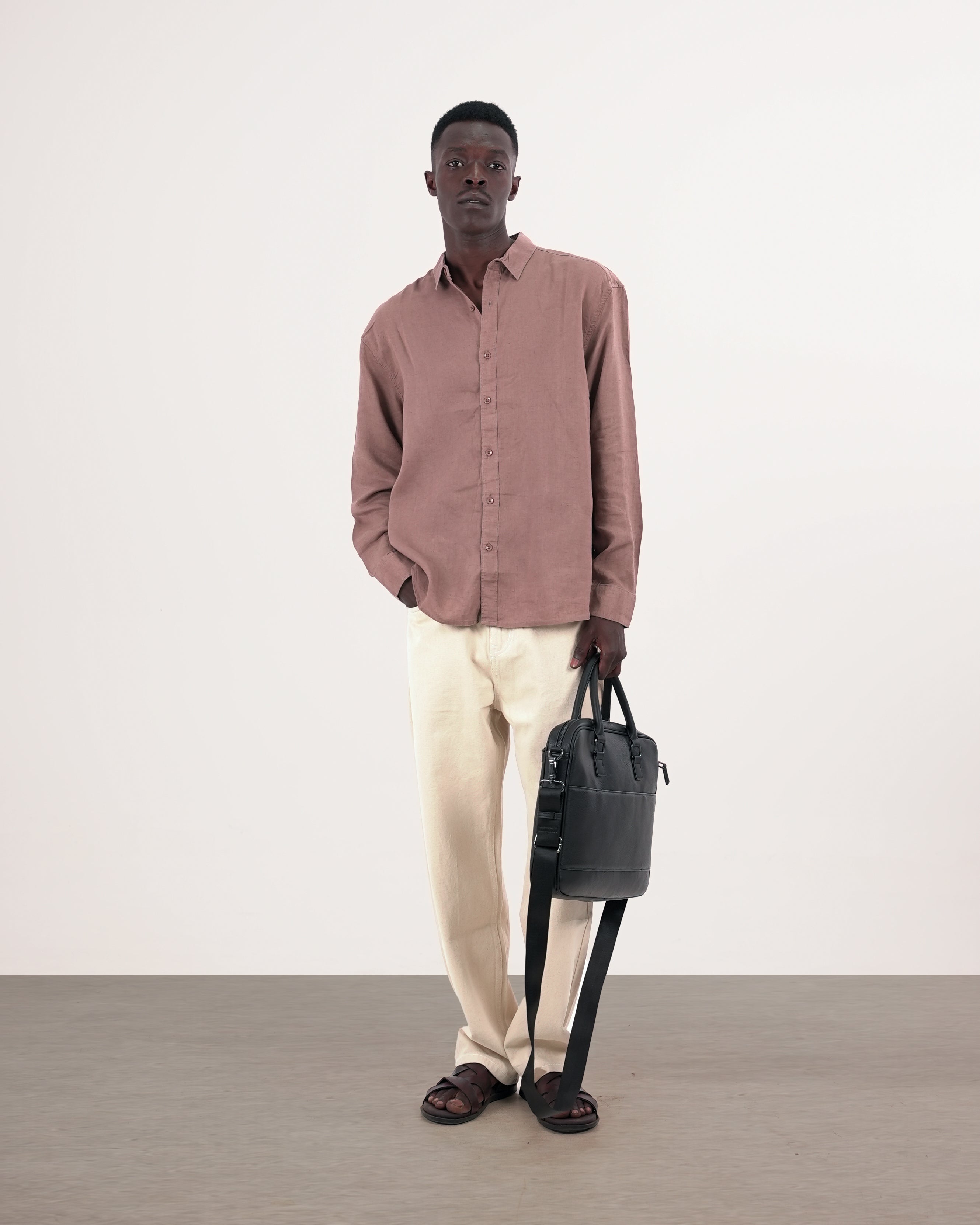 RELAXED FIT LINEN BLEND SHIRT - BROWN