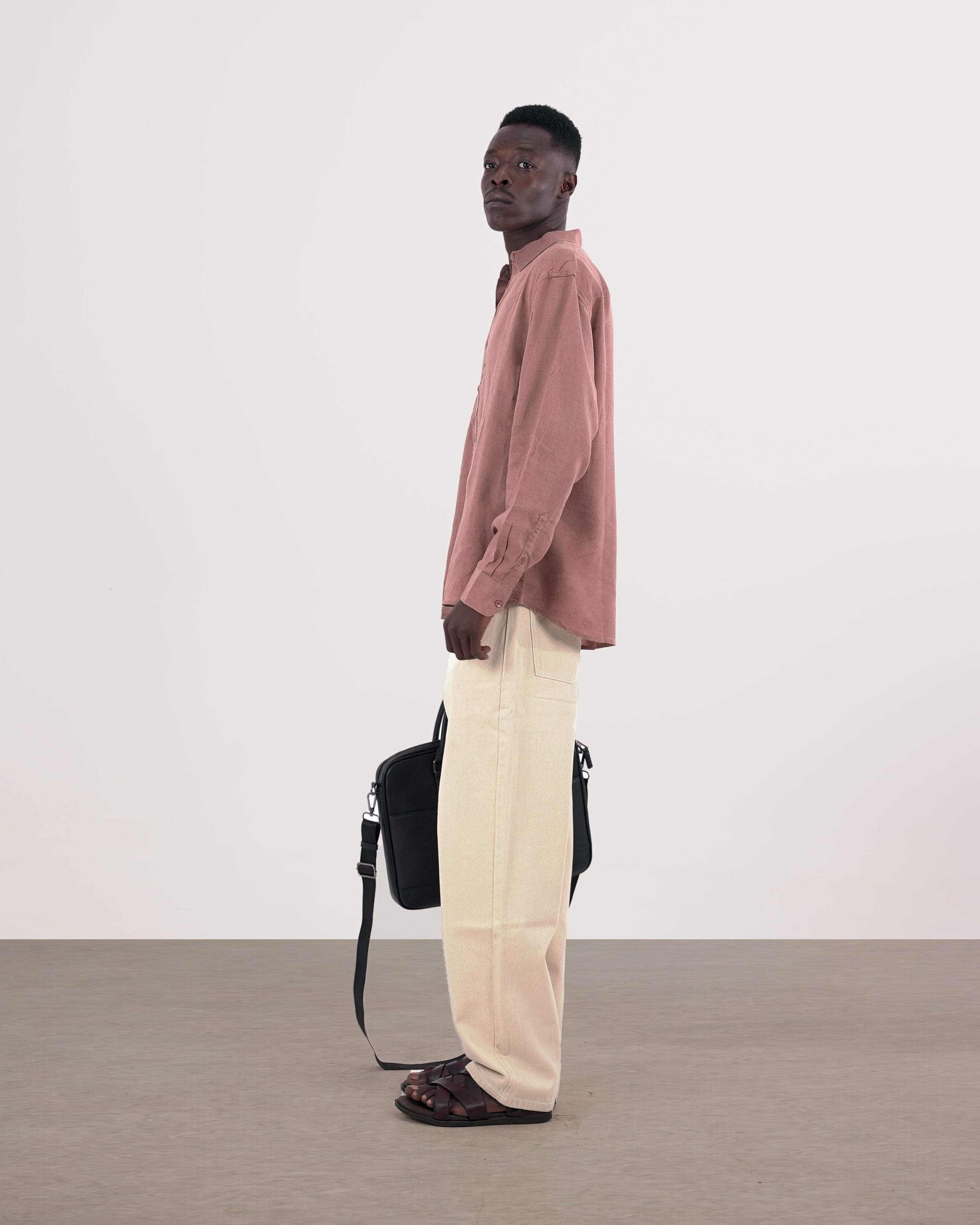 RELAXED FIT LINEN BLEND SHIRT - BROWN