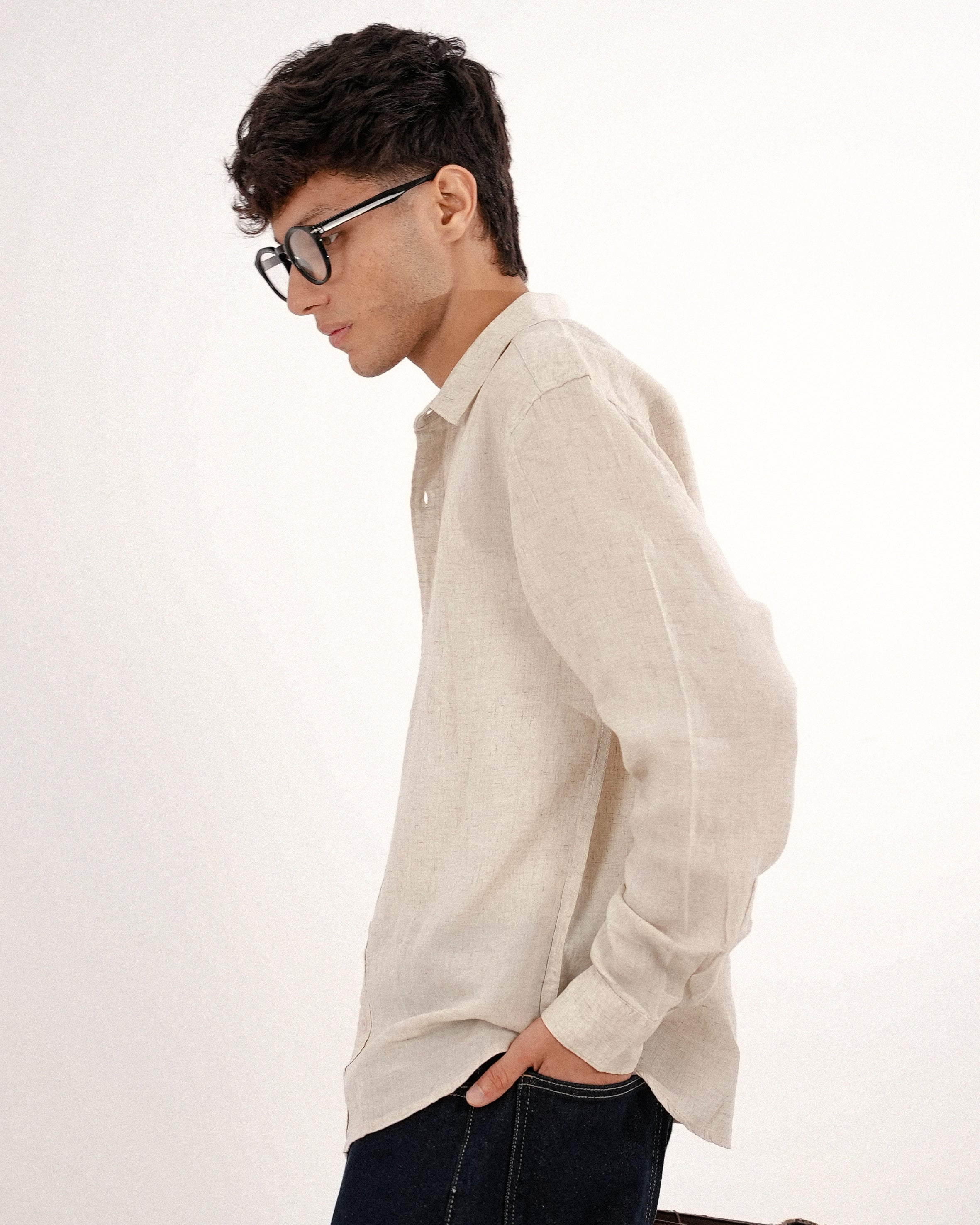 RELAXED FIT LINEN BLEND SHIRT - CREAM
