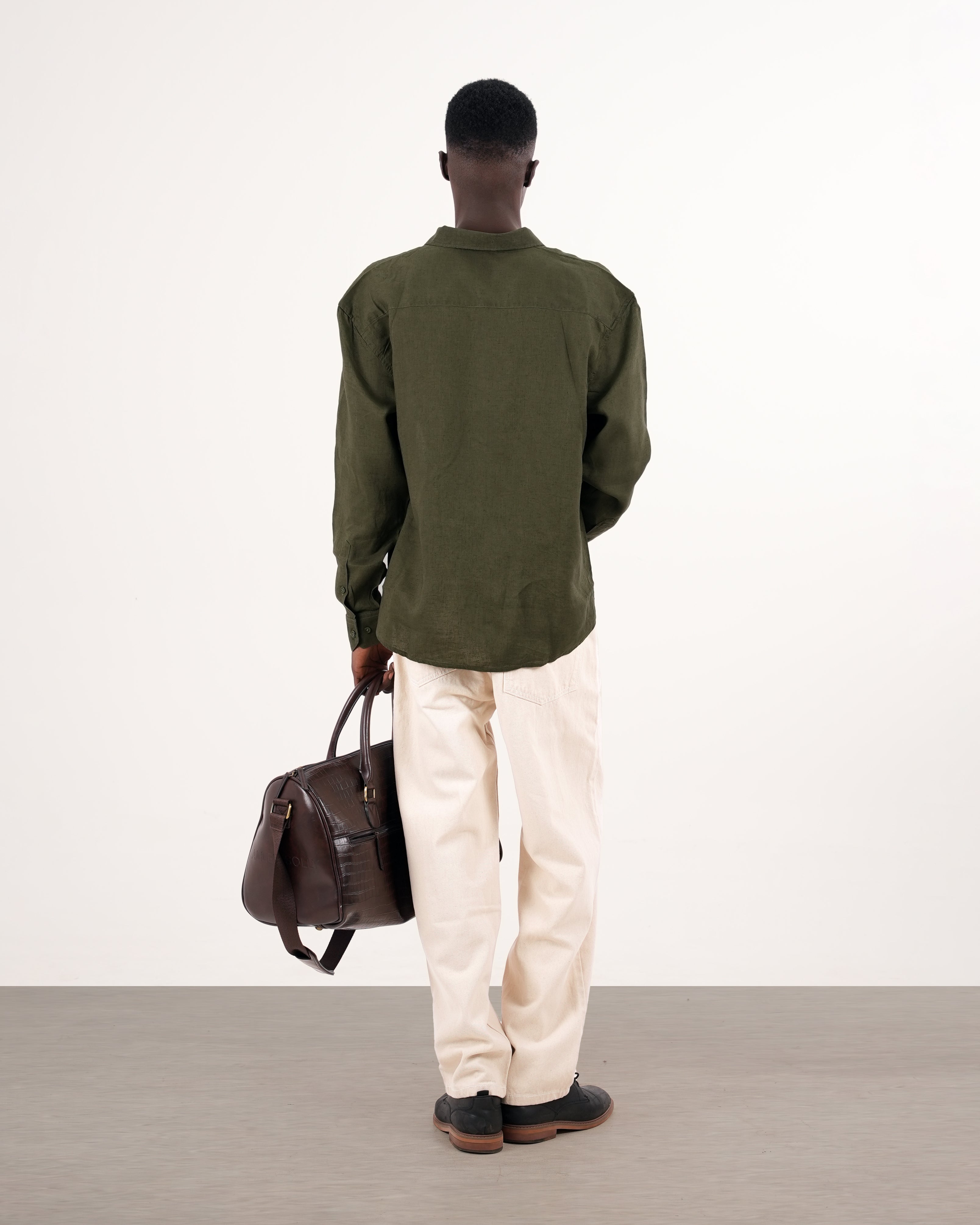 RELAXED FIT LINEN BLEND SHIRT - OLIVE GREEN