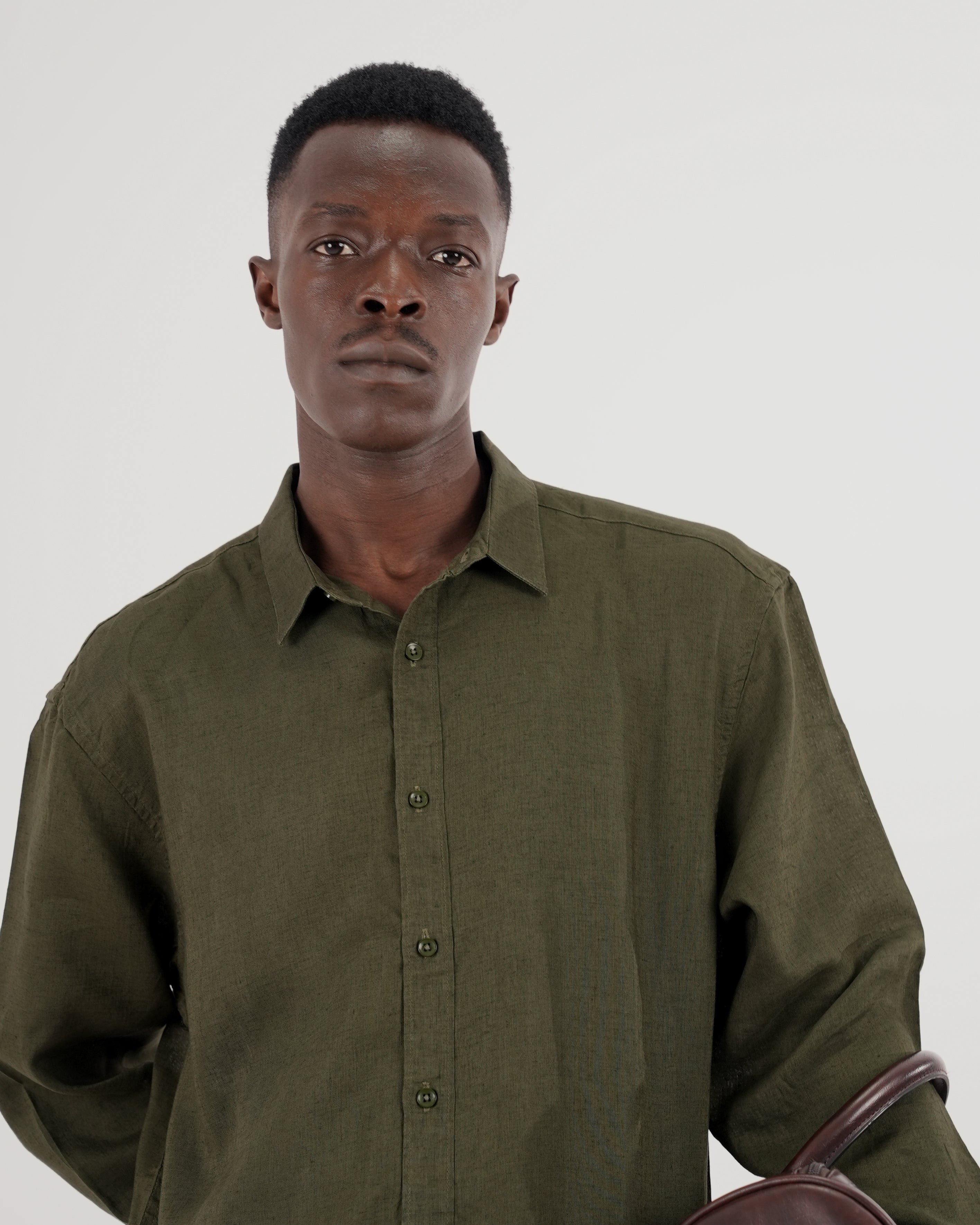RELAXED FIT LINEN BLEND SHIRT - OLIVE GREEN