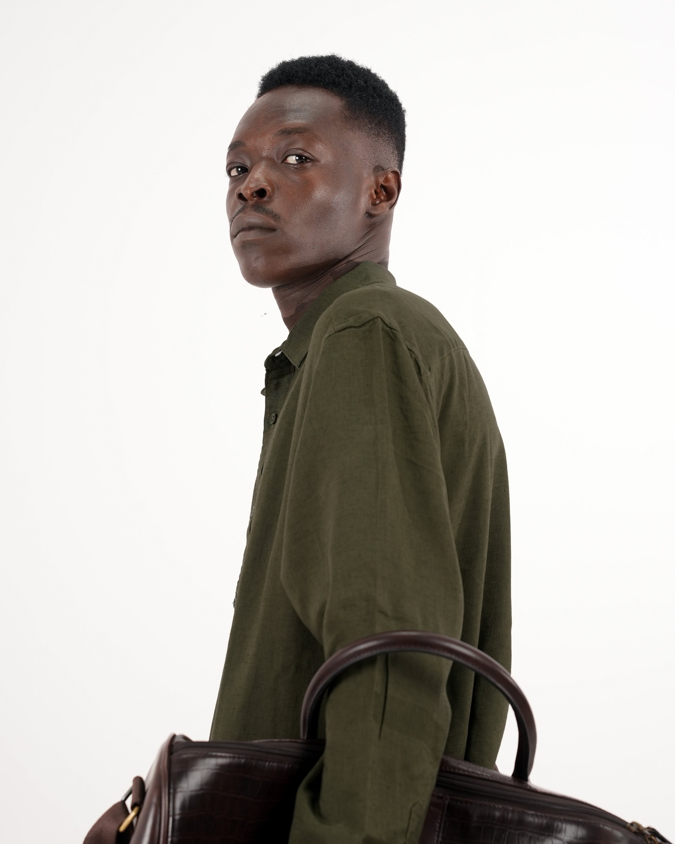 RELAXED FIT LINEN BLEND SHIRT - OLIVE GREEN