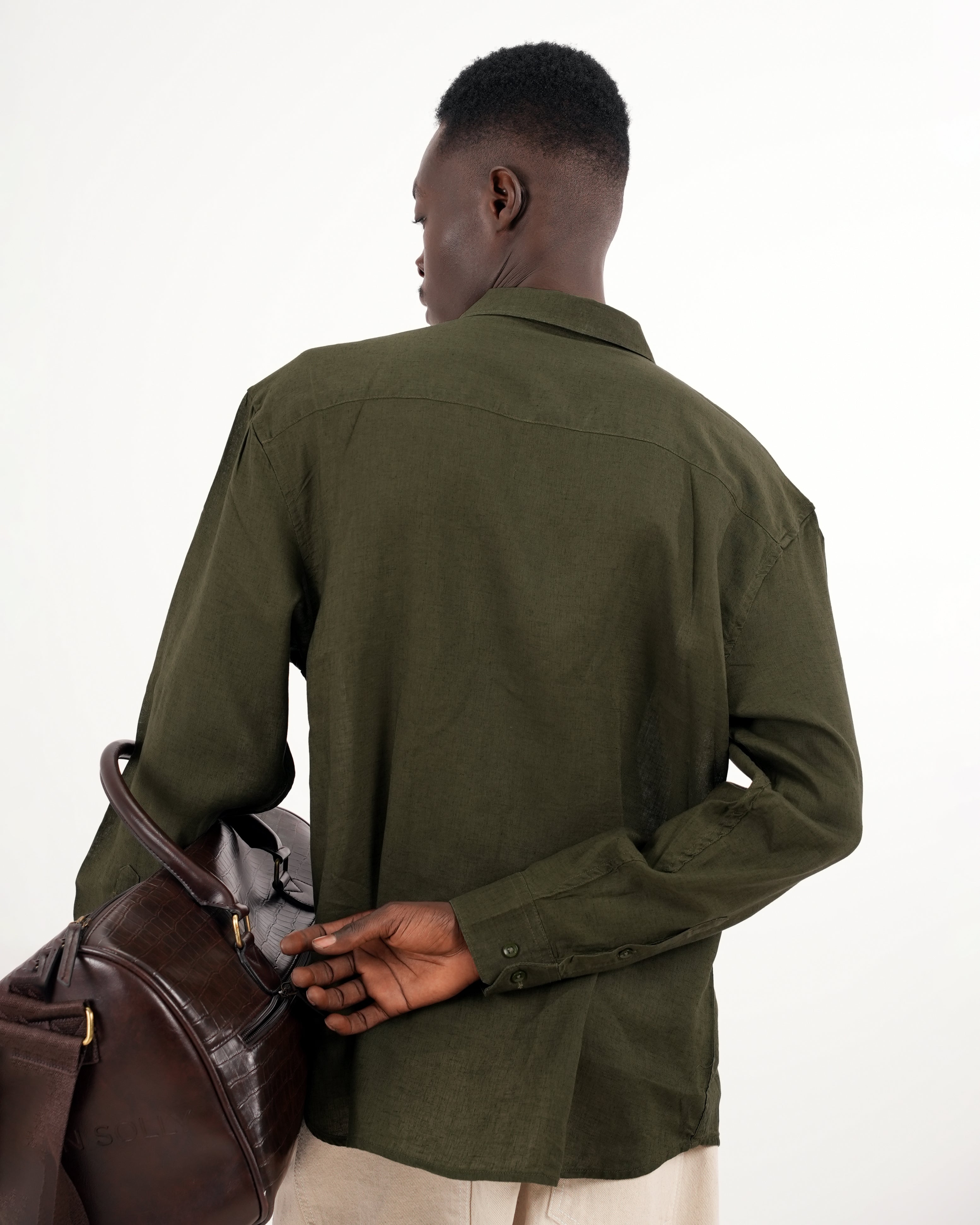 RELAXED FIT LINEN BLEND SHIRT - OLIVE GREEN