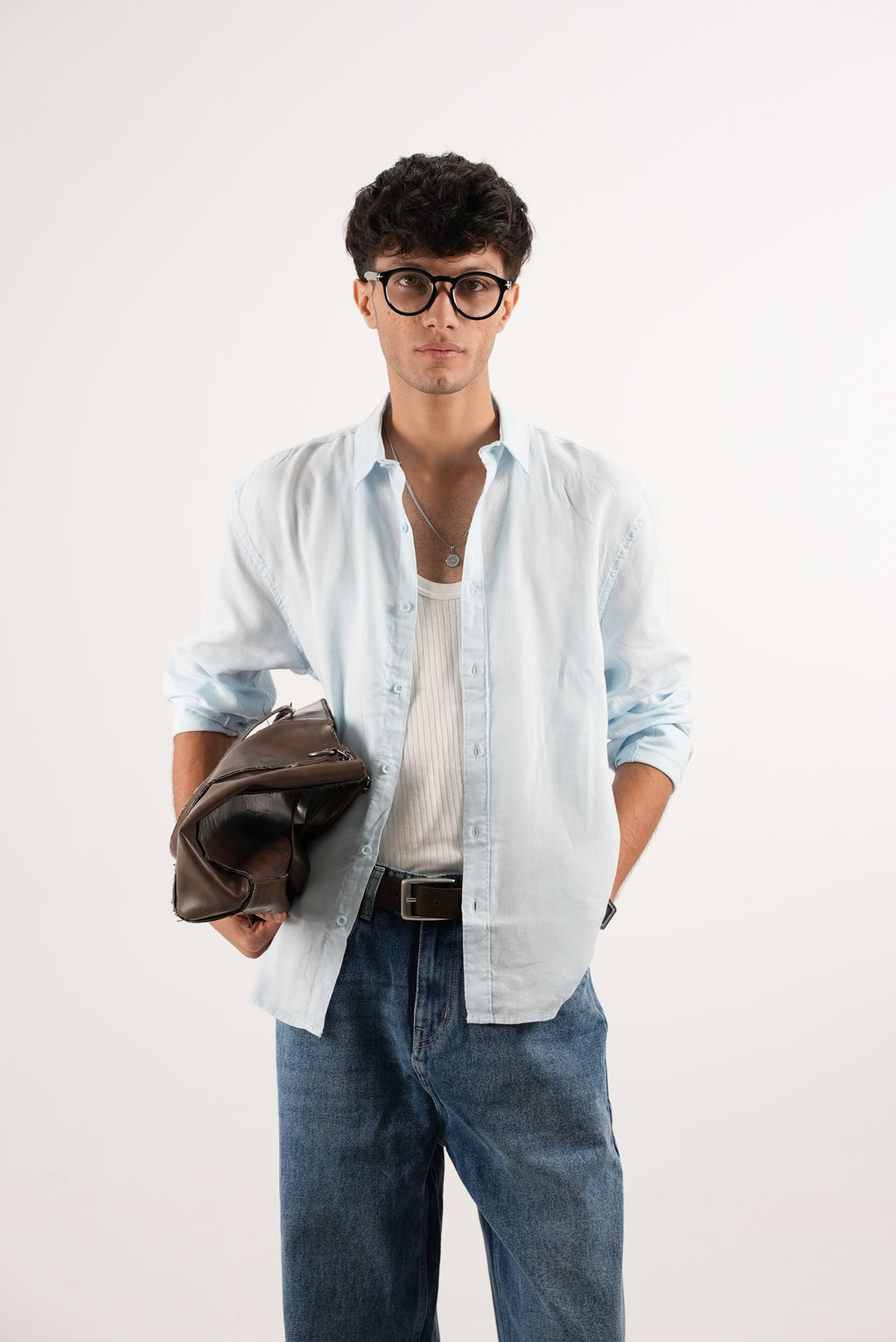RELAXED FIT LINEN BLEND SHIRT - SKY BLUE
