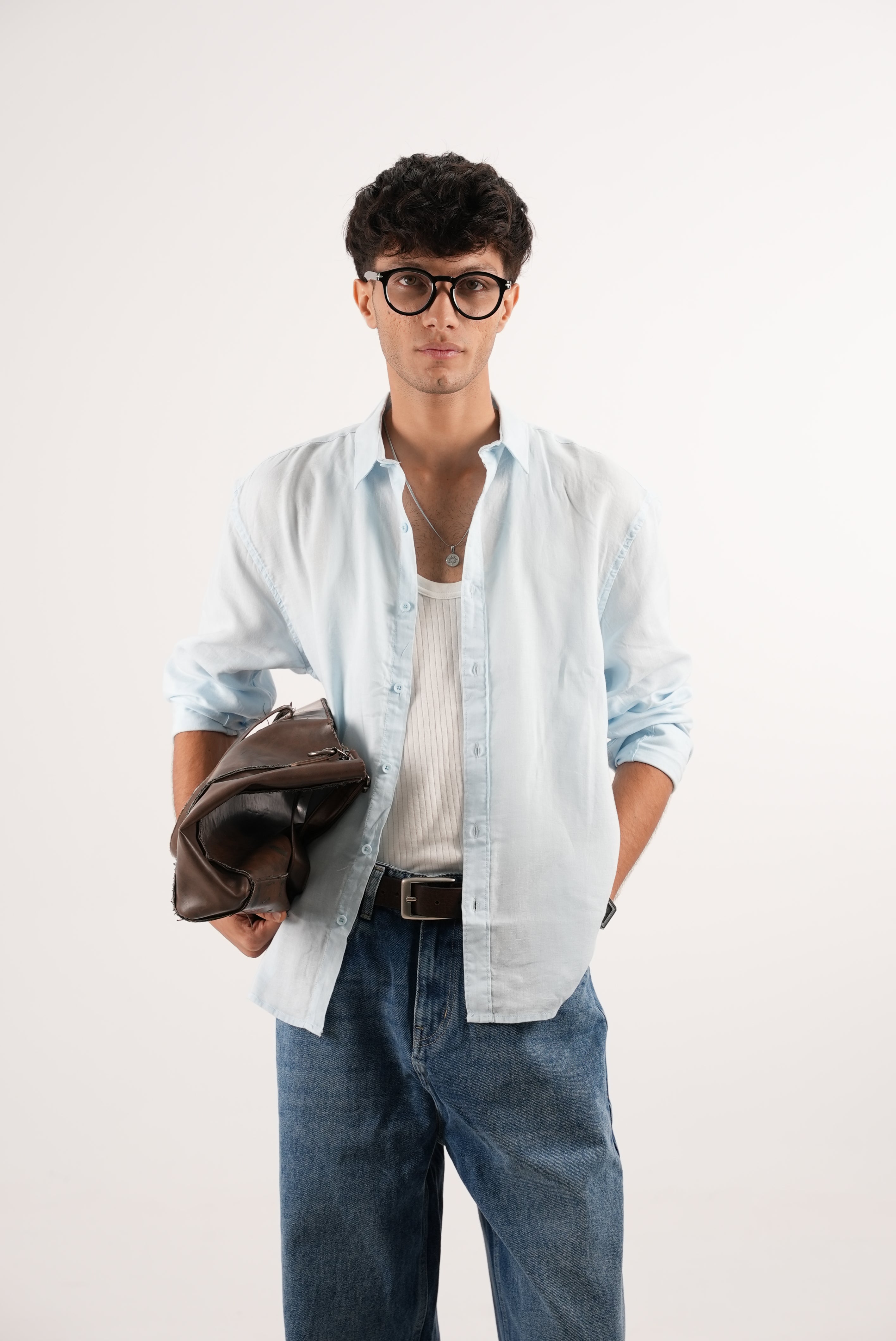 RELAXED FIT LINEN BLEND SHIRT - SKY BLUE