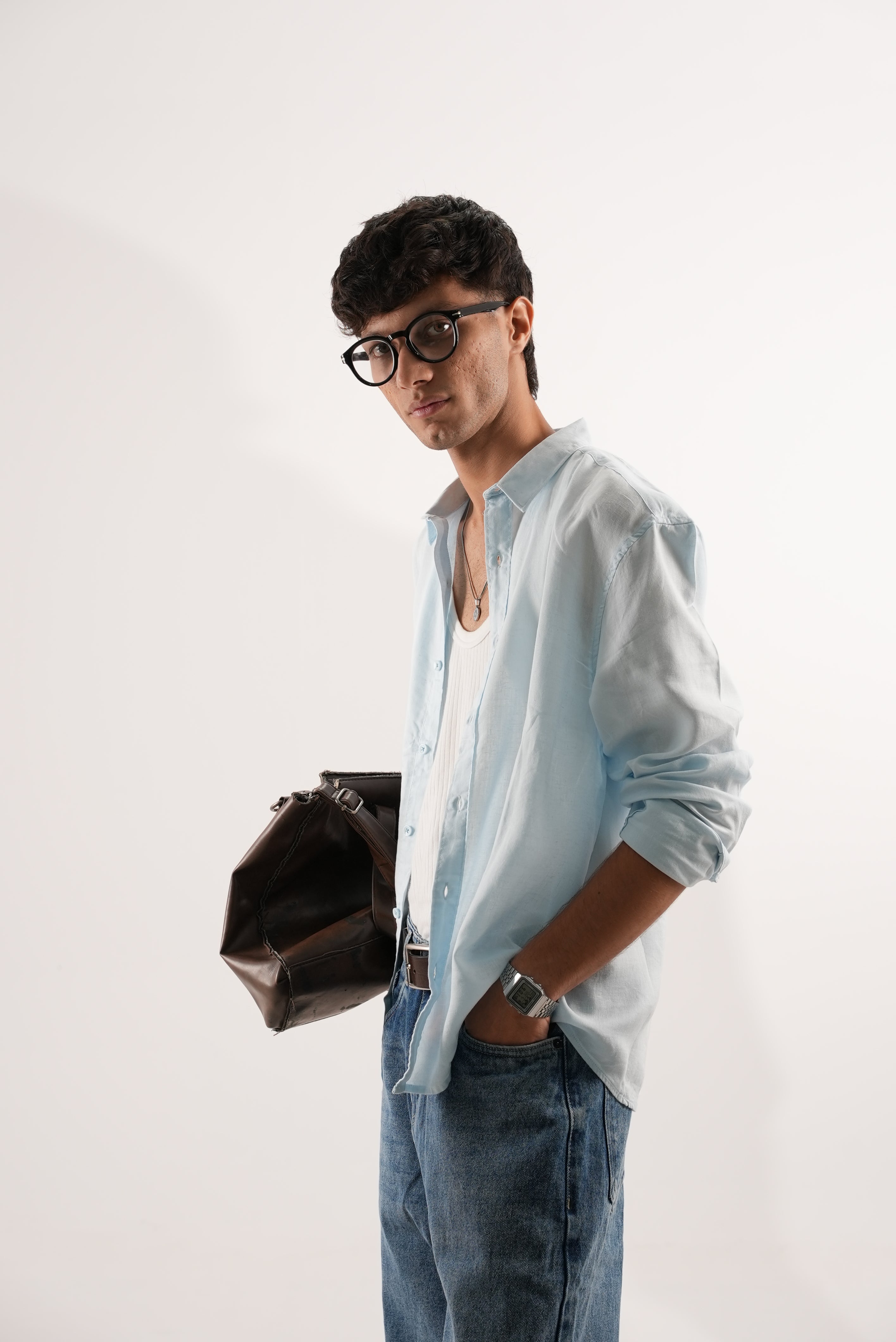 RELAXED FIT LINEN BLEND SHIRT - SKY BLUE
