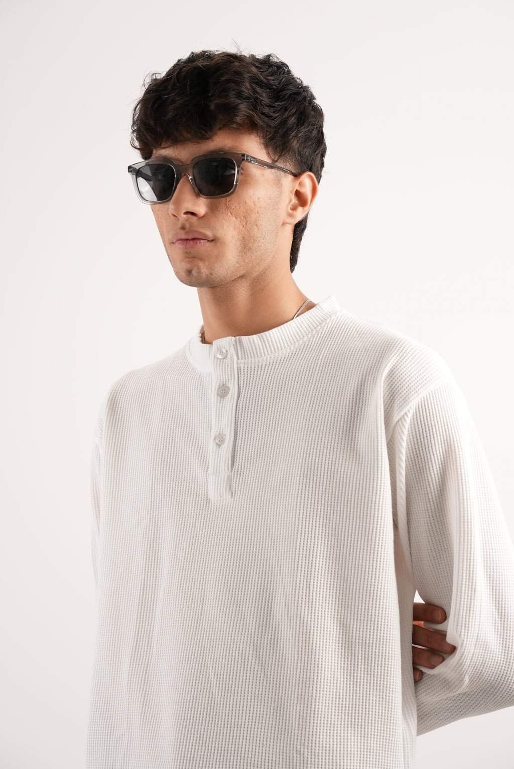 HENLEY WAFFLE LONG SLEEVE T-SHIRT - WHITE