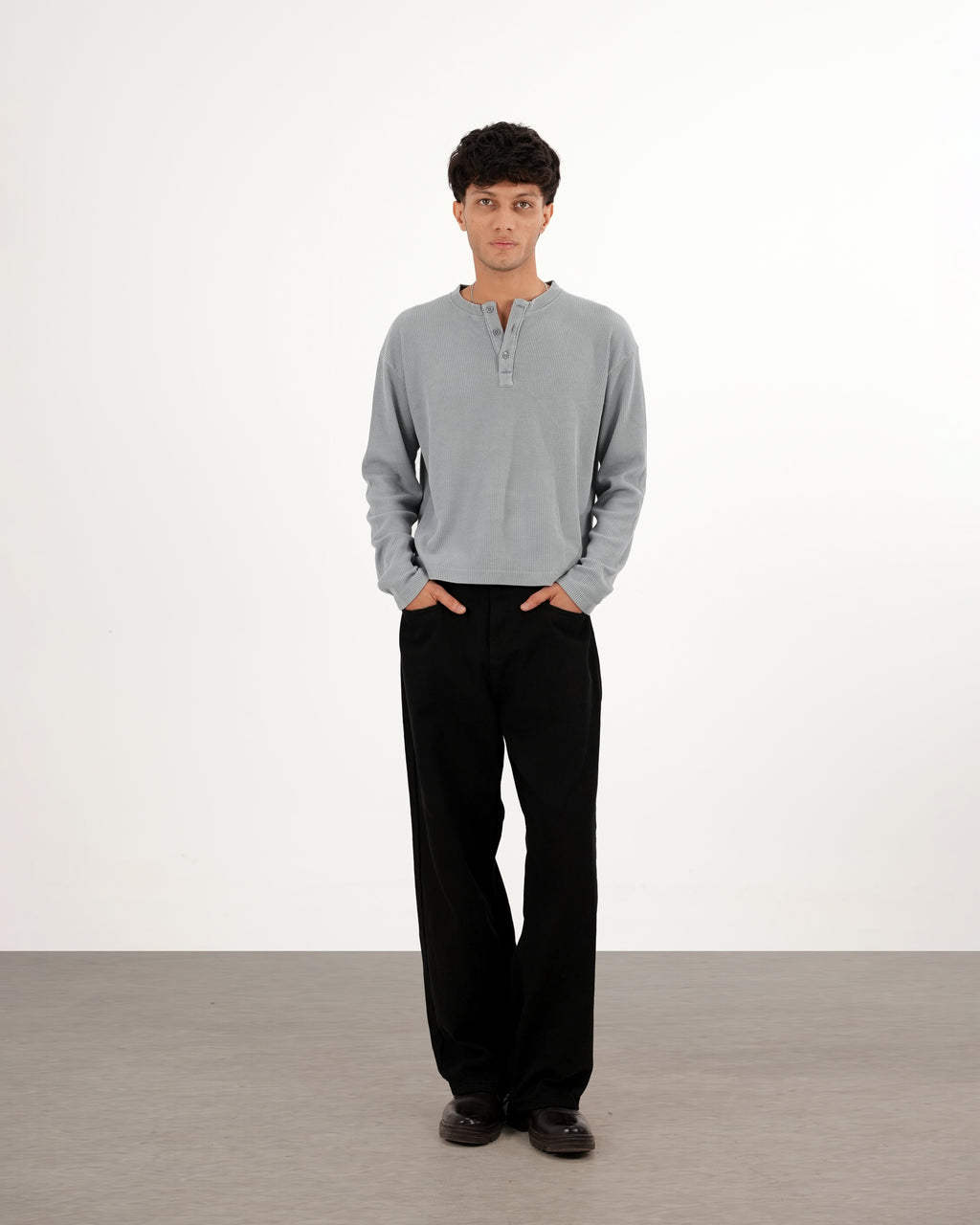 LIGHT GREY WAFFLE HENLEY TSHIRT