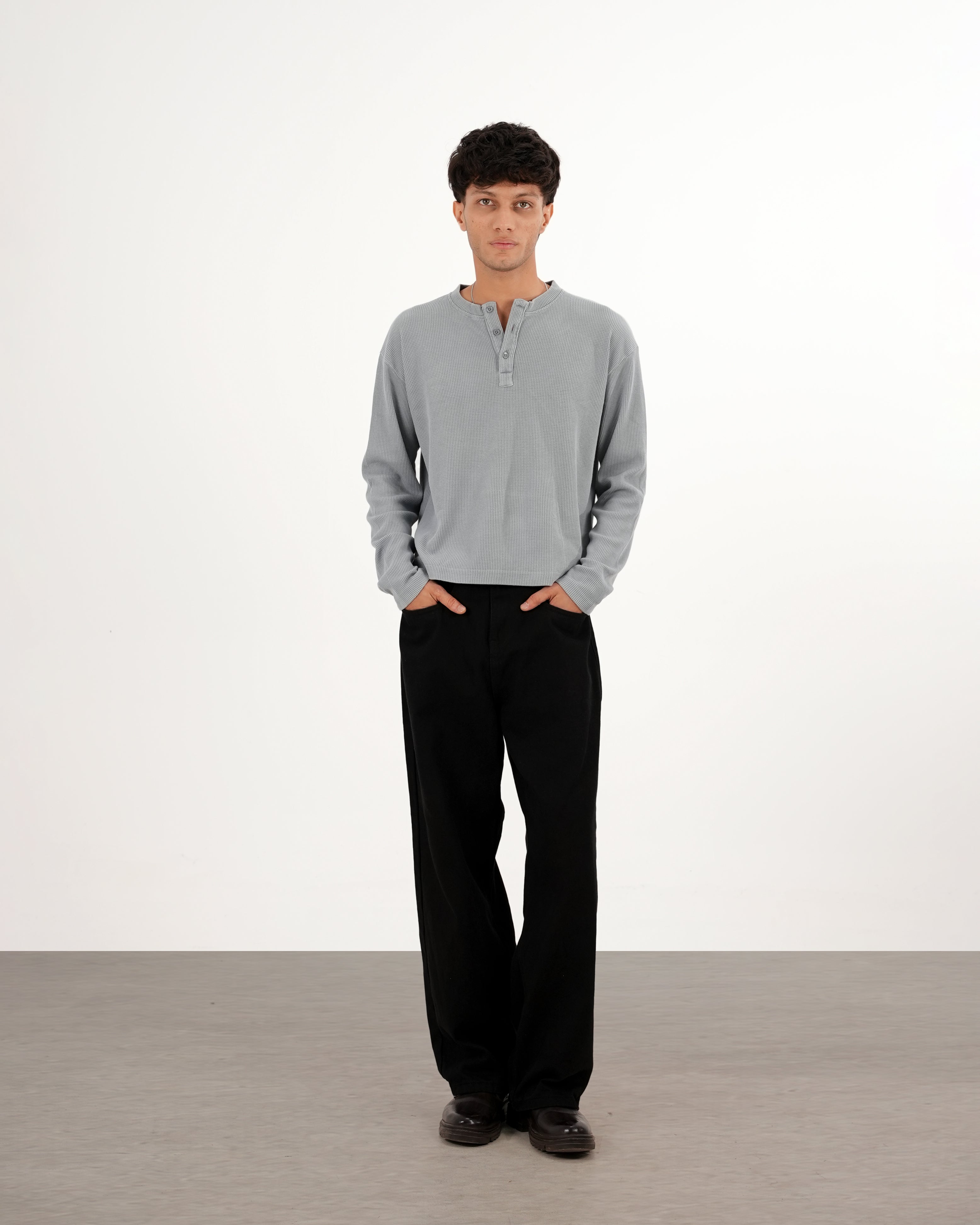 LIGHT GREY WAFFLE HENLEY TSHIRT