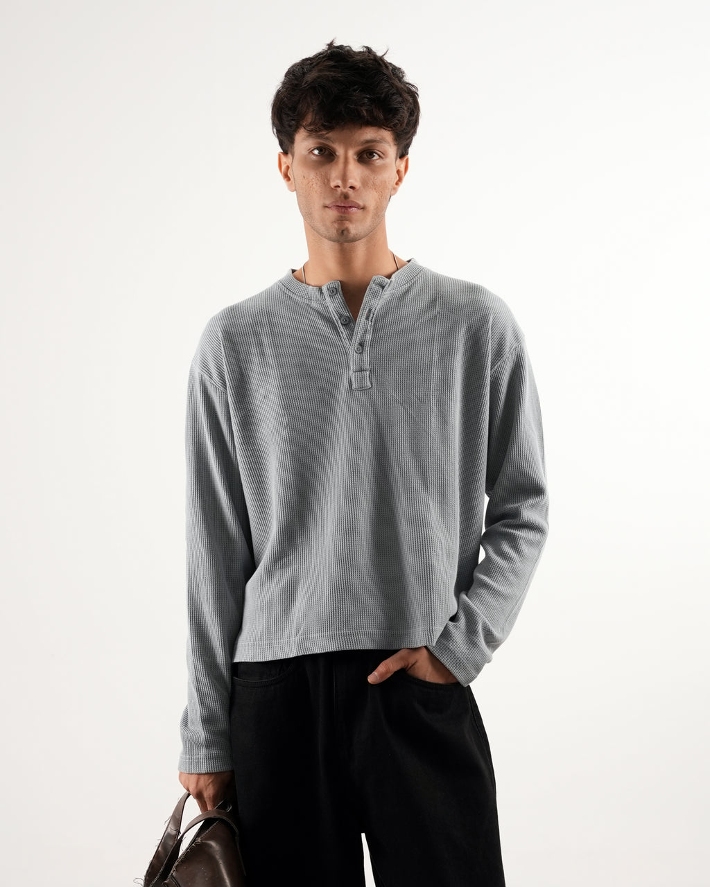 LIGHT GREY WAFFLE HENLEY TSHIRT