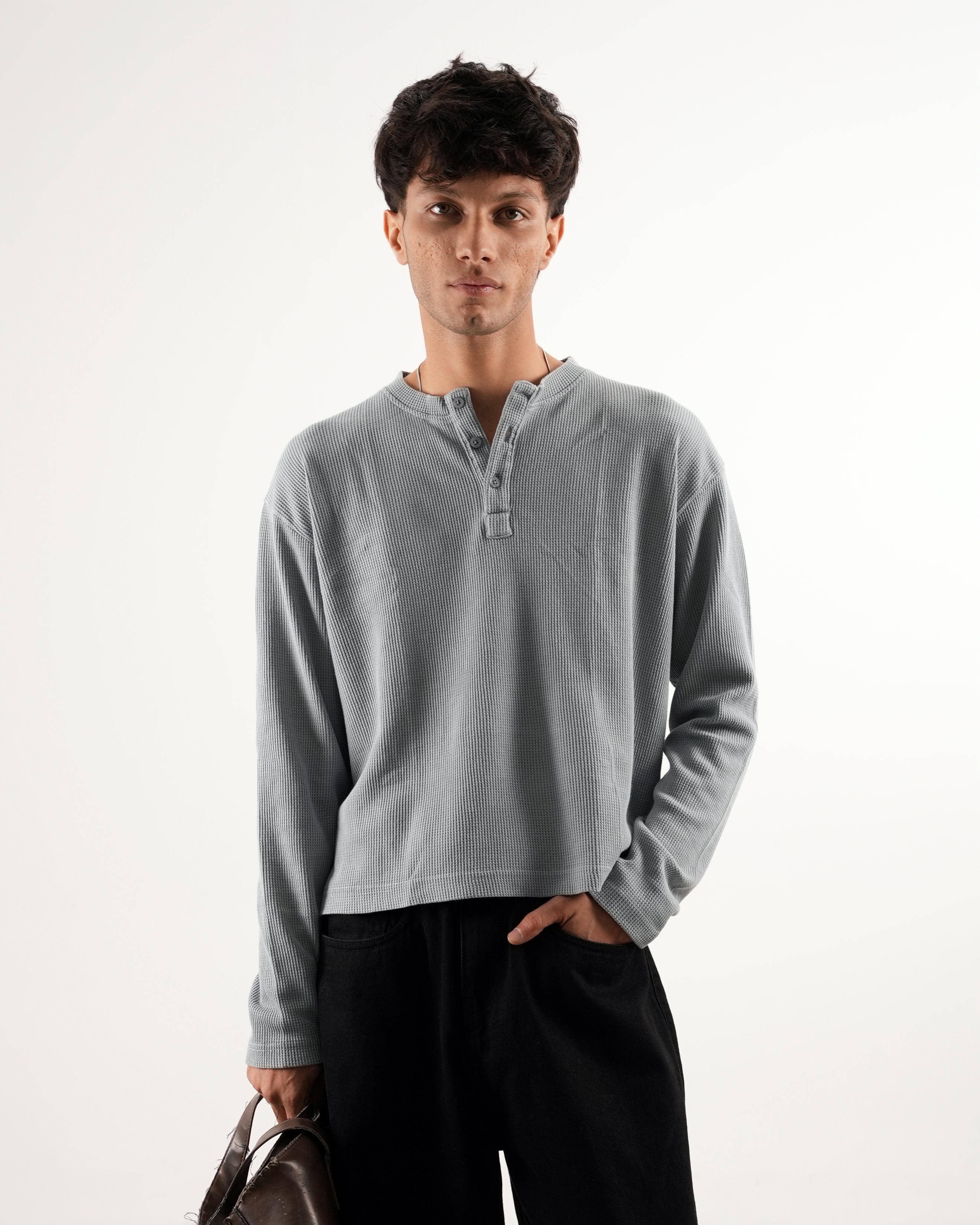 LIGHT GREY WAFFLE HENLEY TSHIRT