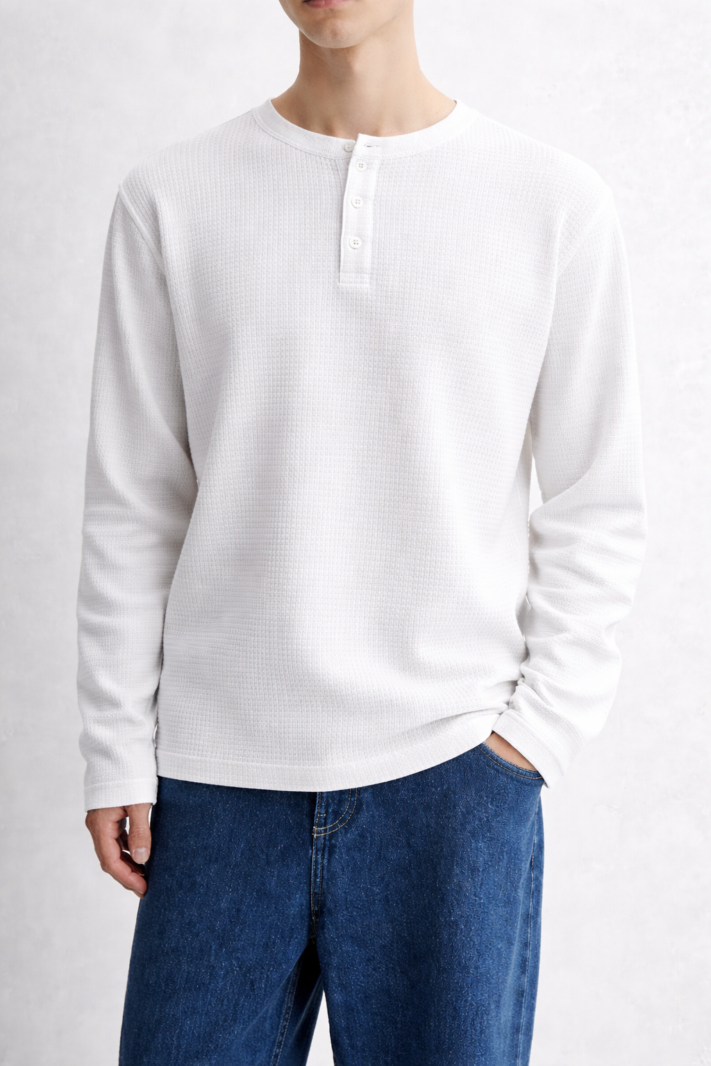 HENLEY WAFFLE LONG SLEEVE T-SHIRT - WHITE