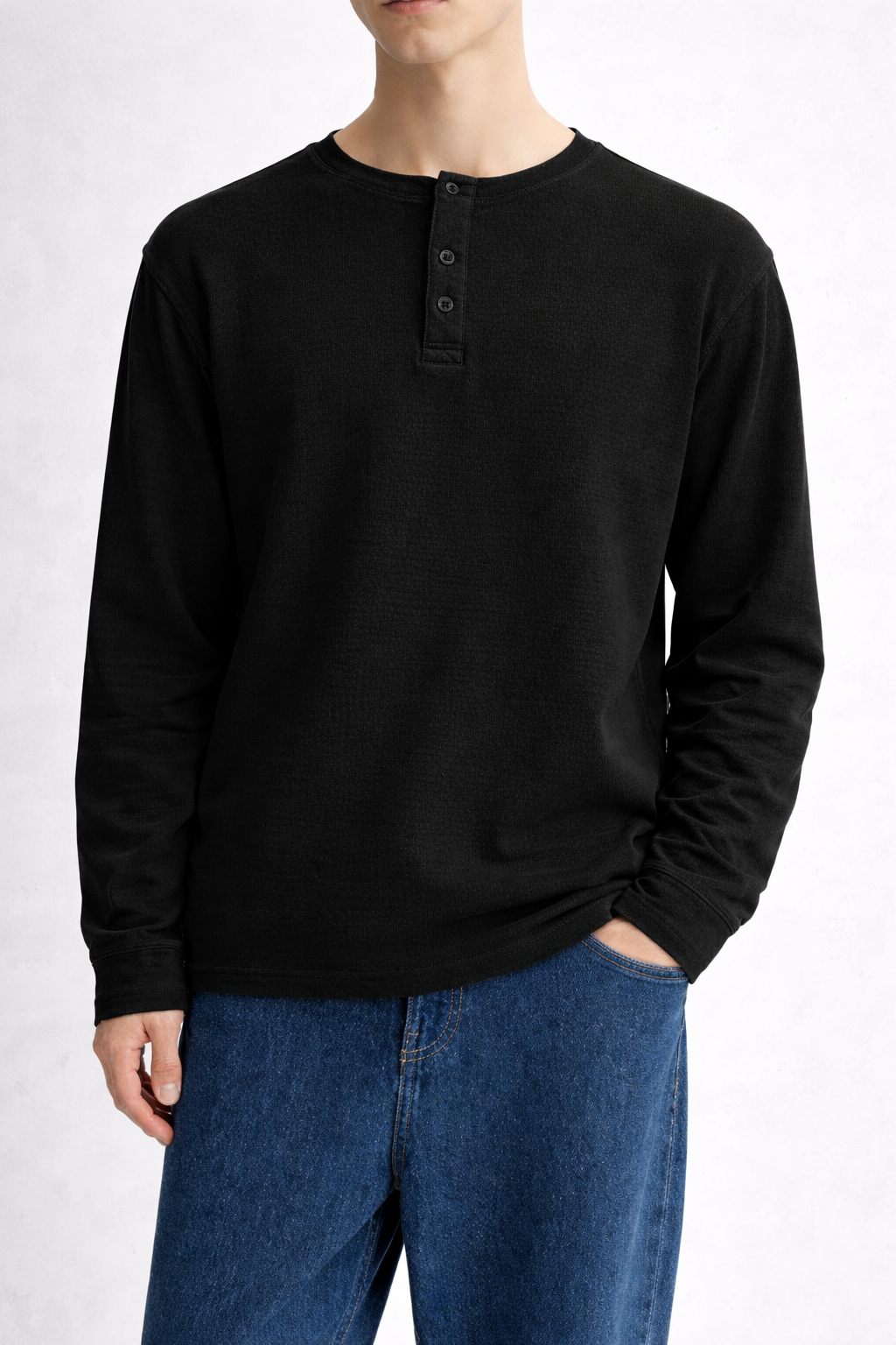 HENLEY WAFFLE LONG SLEEVE T-SHIRT - BLACK