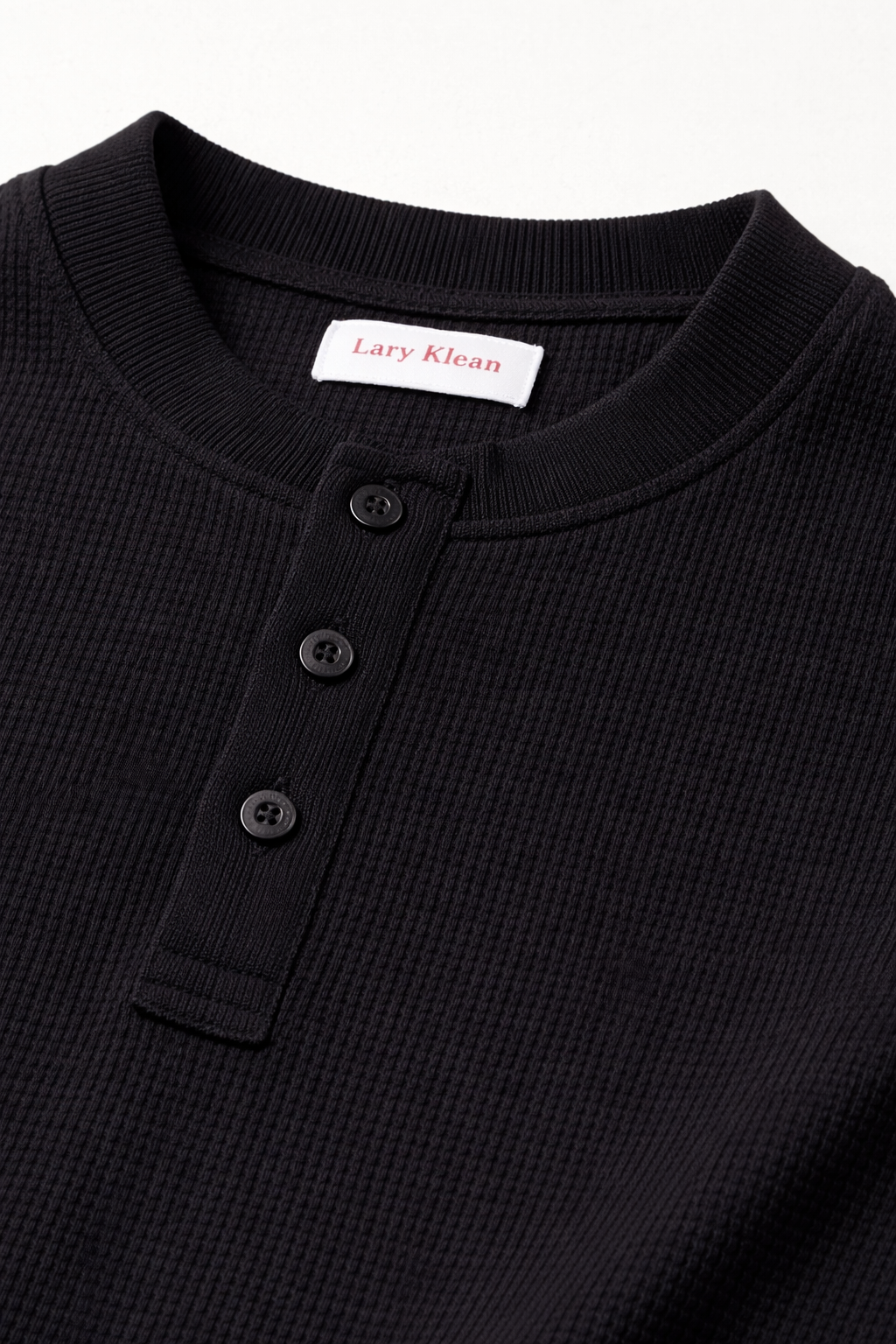 HENLEY WAFFLE LONG SLEEVE T-SHIRT - BLACK