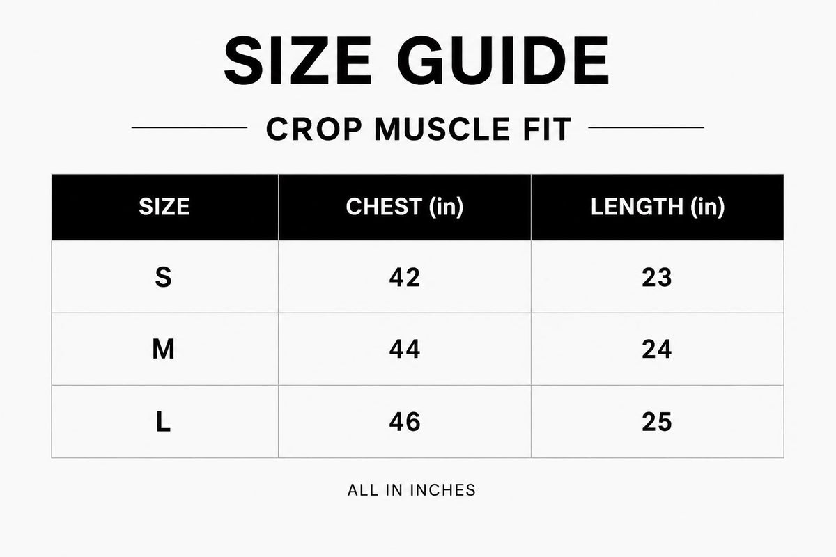 Size chart for PRINTED CROP MUSCLE TEE - 007