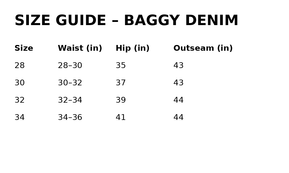 Size chart for MUD WASHED BAGGY FIT JEAN